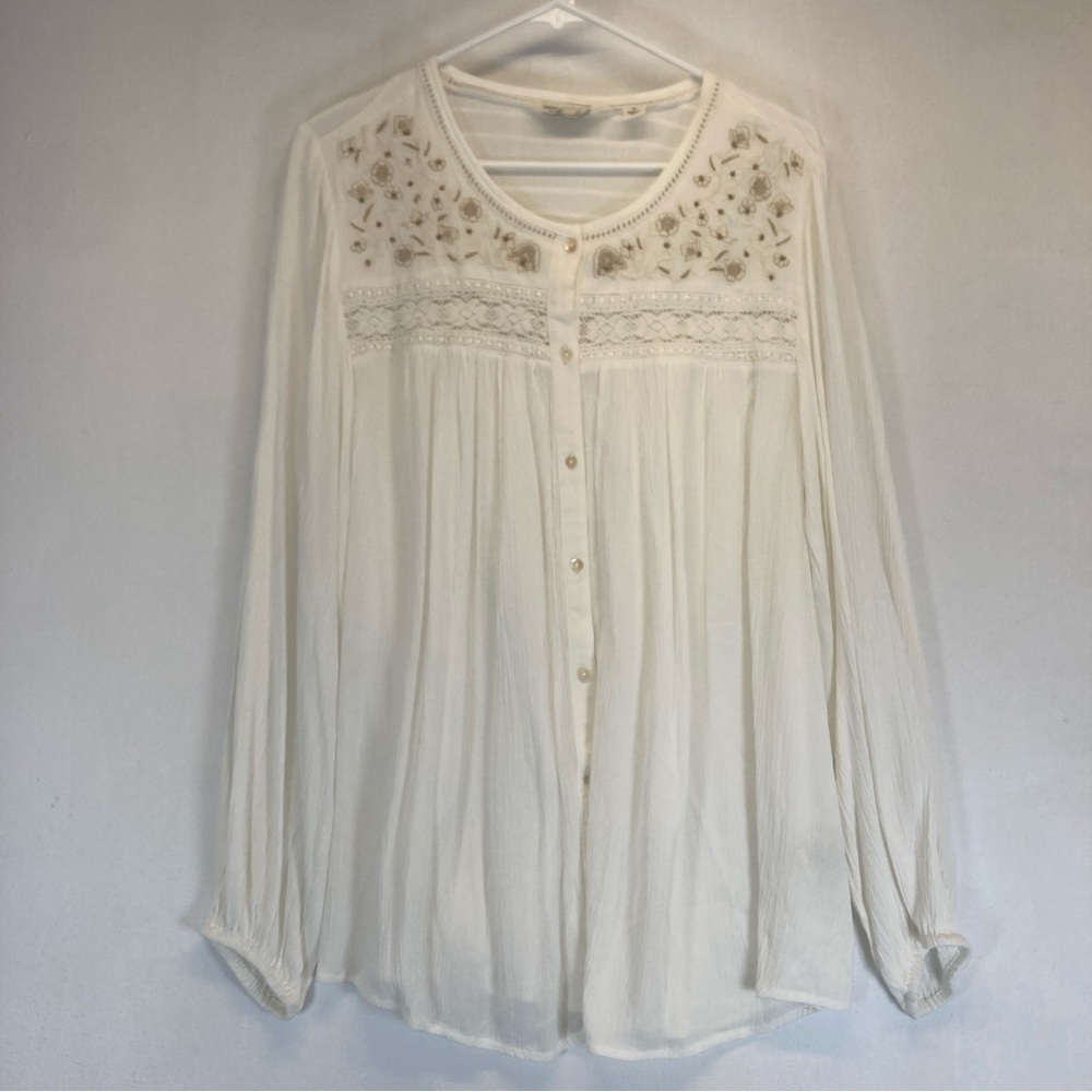 Caffe Marrakesh Top Womens M Button Up Embroidered Ruched Back Long Sleeves - Picture 4 of 16